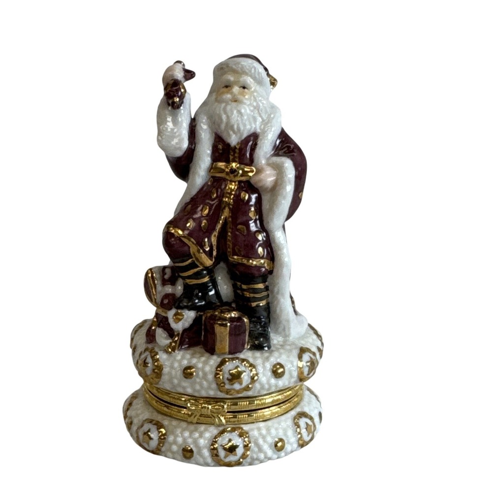 Santa Claus Hinged Trinket Box Burgundy Gold Christmas Figurine 5 Inch